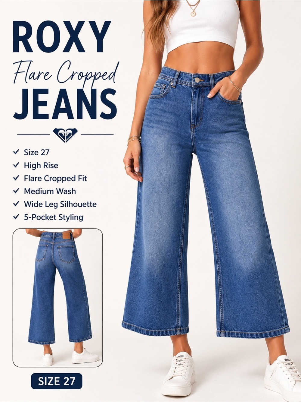 Roxy Flare Cropped Wide Leg Jeans Size 27 Medium Wash High Rise Denim - Picture 1 of 13